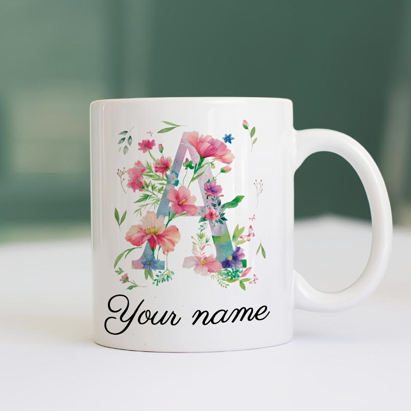 Coffee Tea Name - Custom Name/Text Floral Initial Mug Watercolor